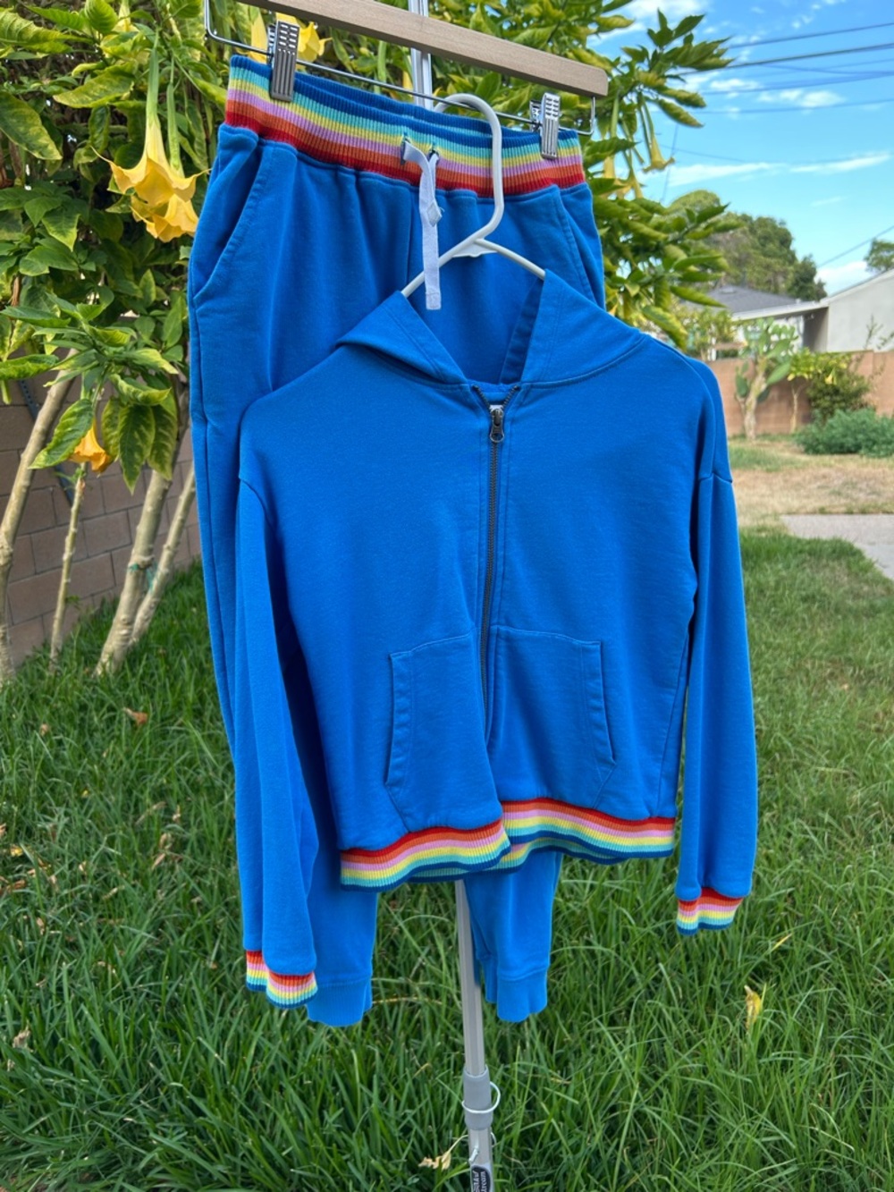 Hanna Andersson Blue Hoodie & Pants Set with Rainbow Trim